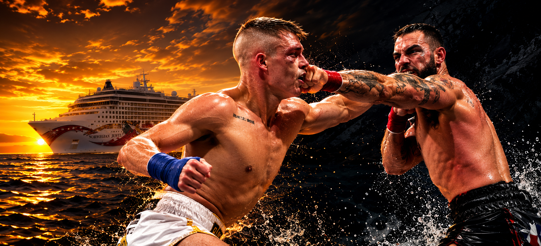 BKFSea 2027 — bare knuckle fighters trading punches beside Norwegian Jewel at sunset, January 22–25, 2027, Miami to Nassau aboard Norwegian Jewel