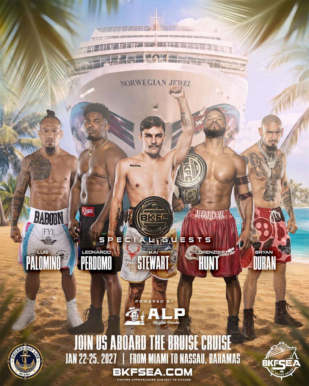 BKFSea 2027 special guests: Luis Palomino, Leonardo Perdomo, Kai Stewart, Lorenzo Hunt and Bryan Duran in front of Norwegian Jewel