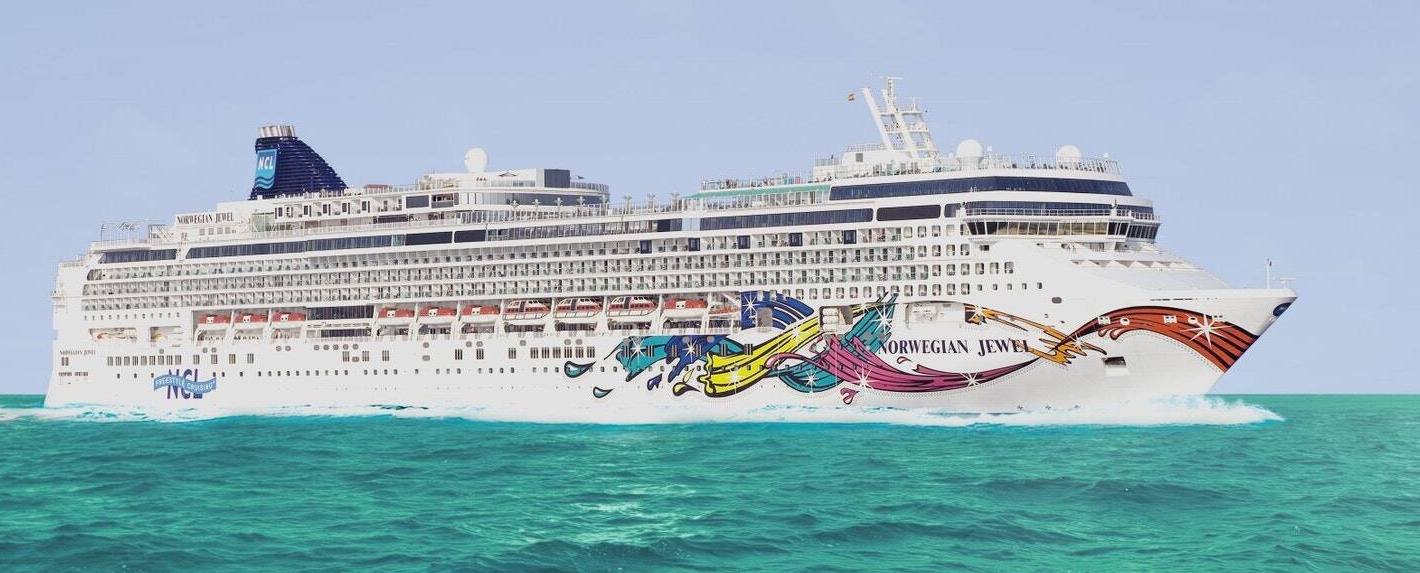Norwegian Jewel at sea with markers for onboard venues