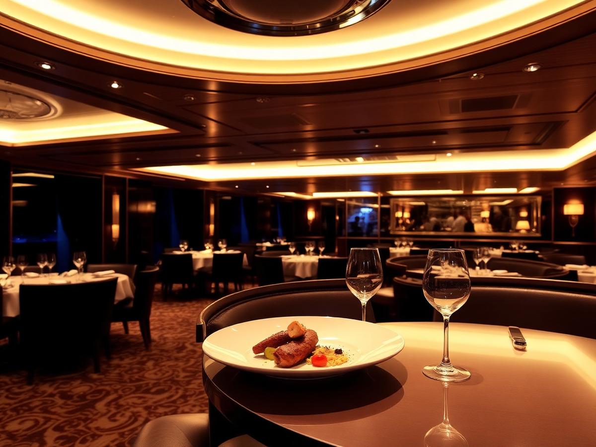 Elegant restaurant interior onboard with warm lighting