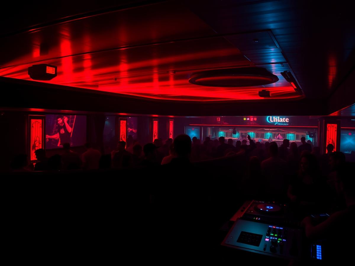 Dark lounge onboard with red lighting and a crowd
