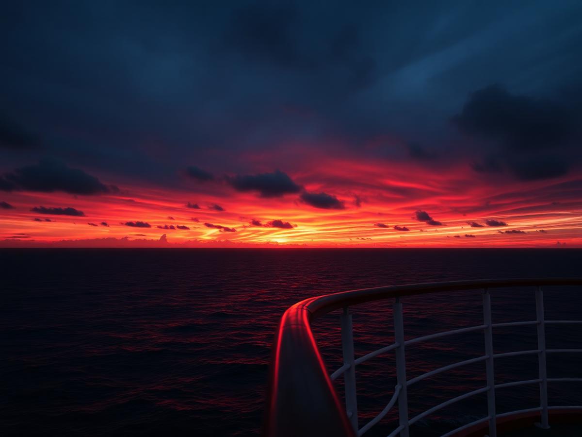 Sunset over the open ocean from the ship railing