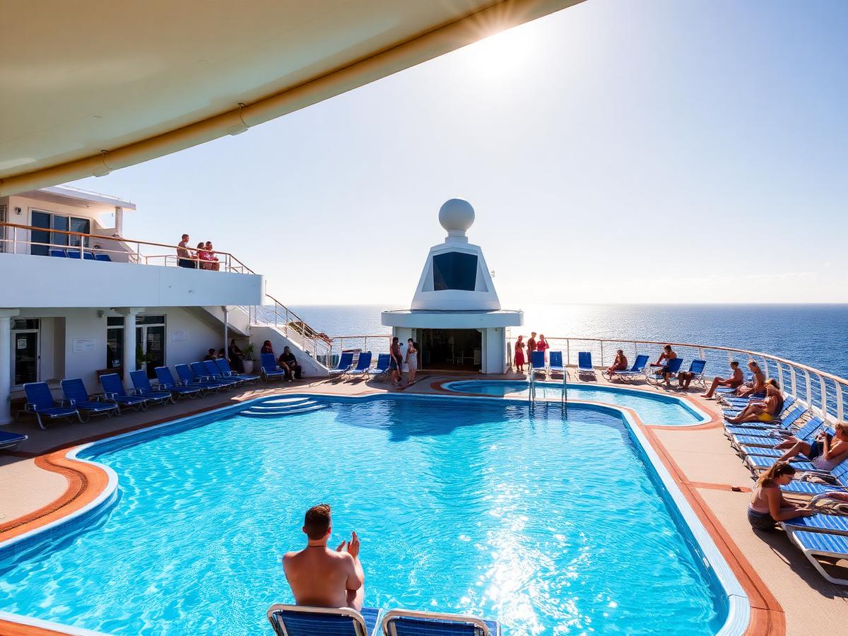 Sunny cruise ship pool deck with guests and ocean views